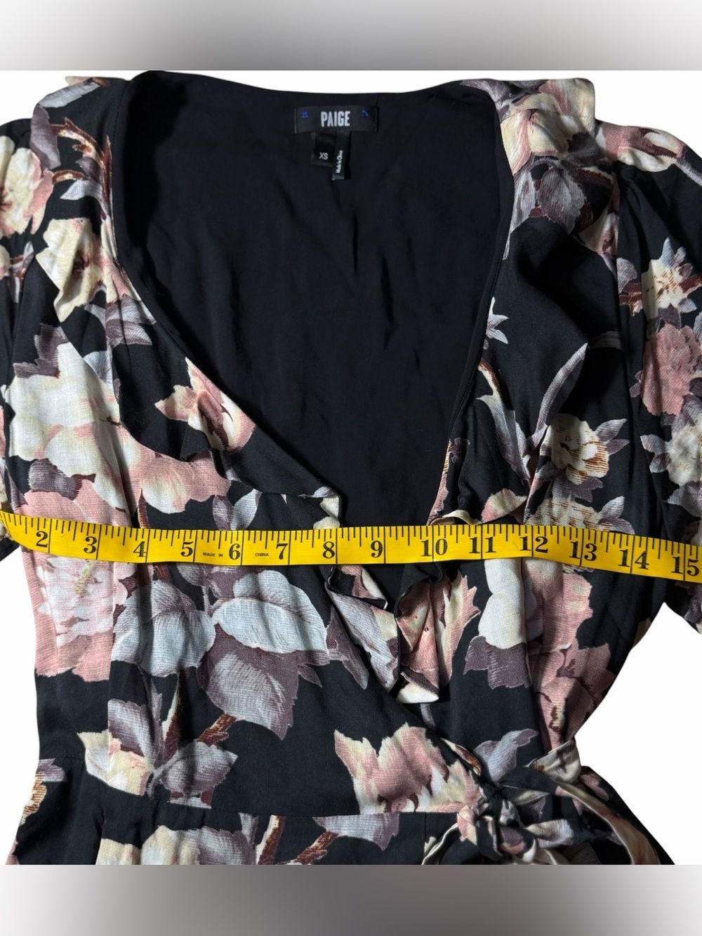 PAIGE Cardamom Floral Wrap Dress Black Evening Sand Ruffle Short Sleeve XS - Picture 14 of 15